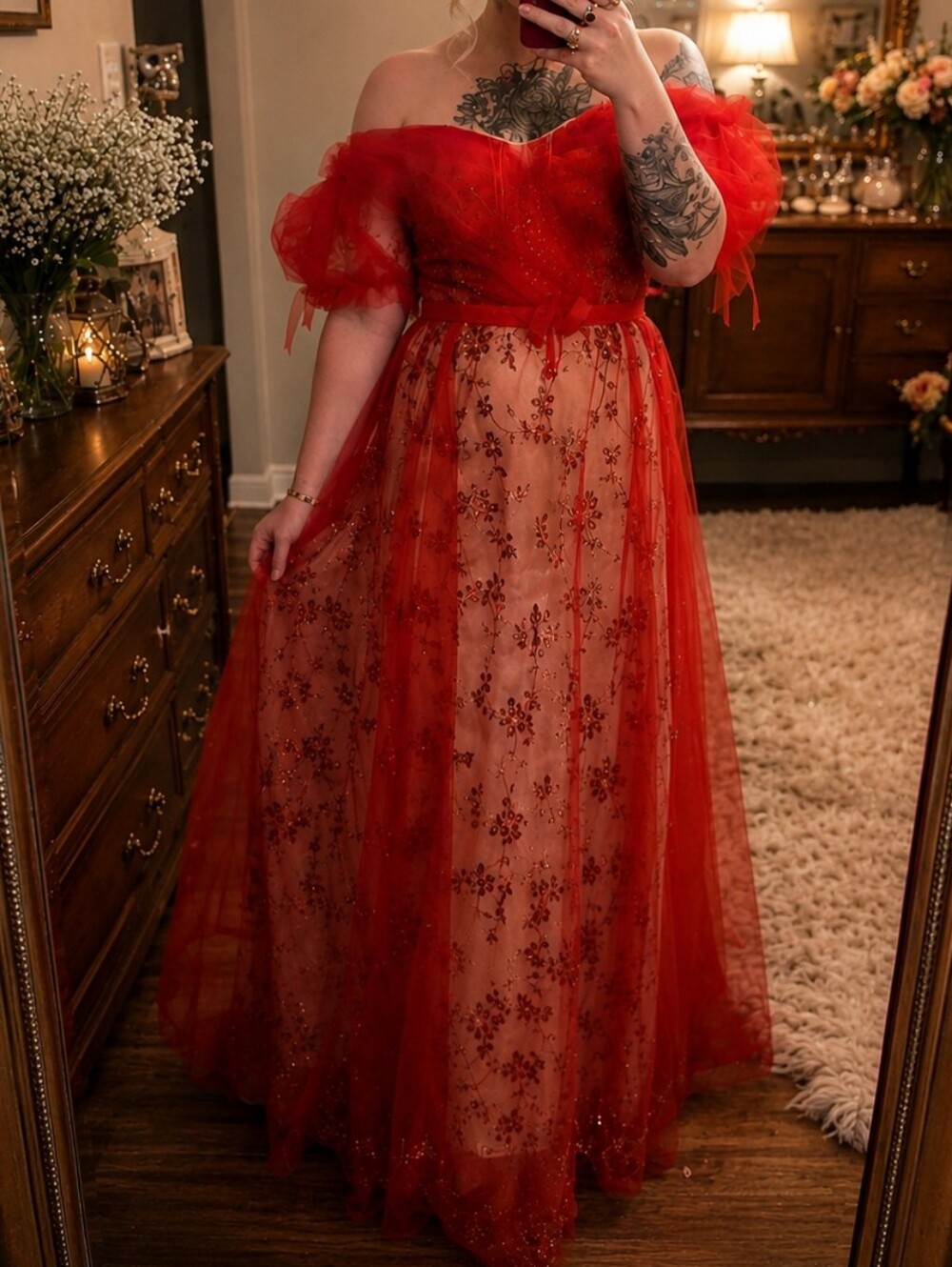 Bella Milton Red Embellished Tulle Maxi Dress S NWT Romantic Ruffle Sleeve